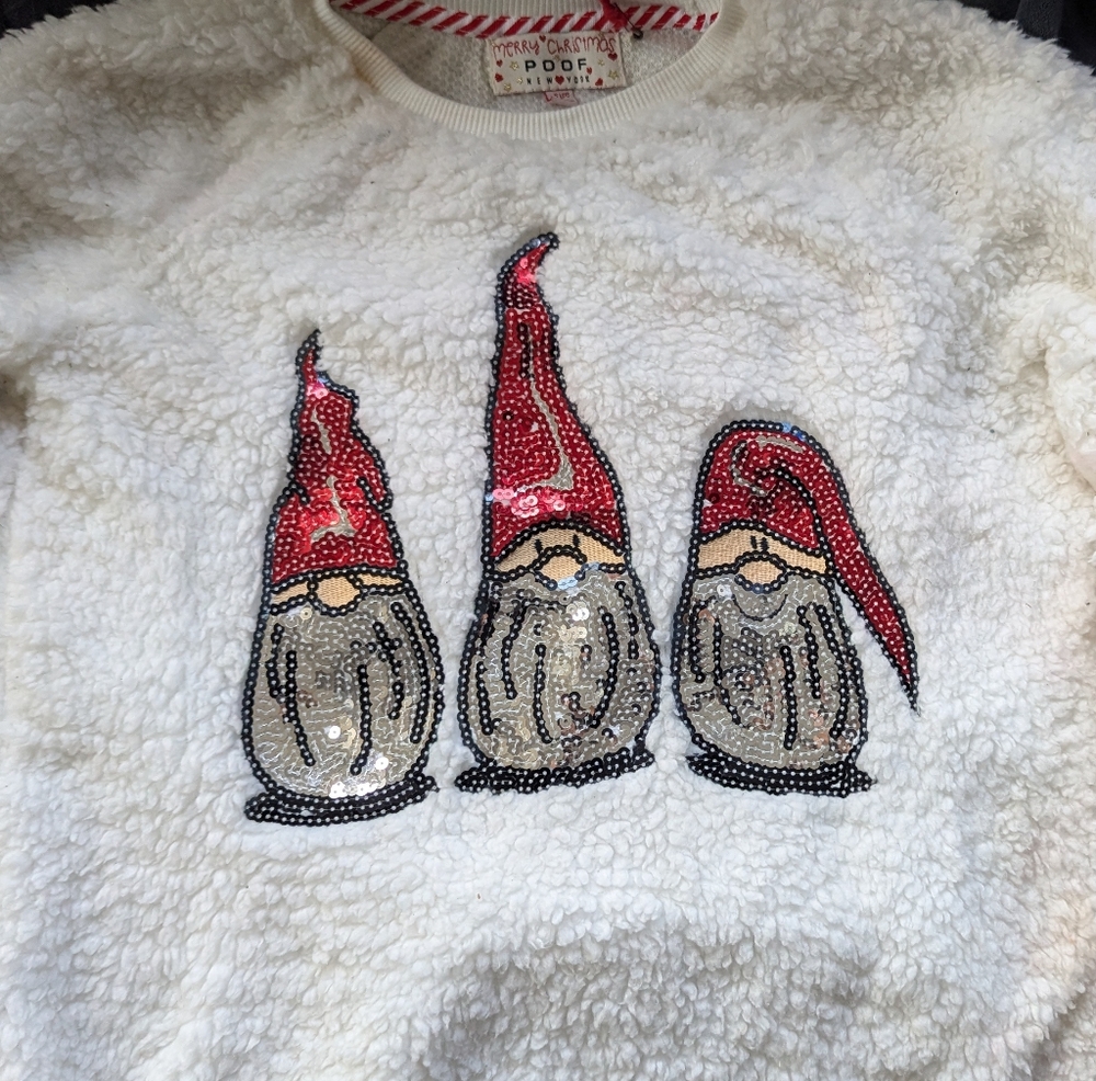 ✨ POOF New York - Cozy White Sweater with Sequin Gnome Design ✨